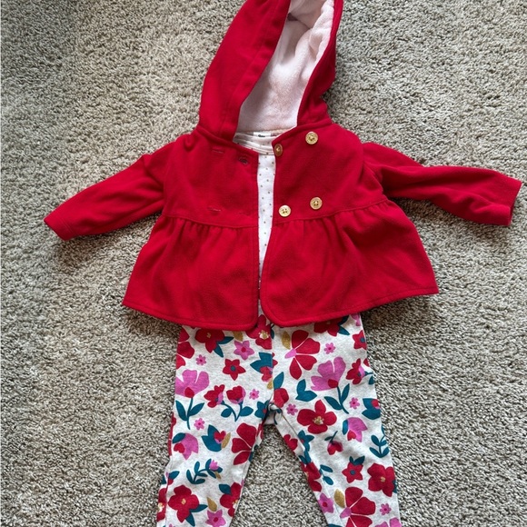 Baby Girl 3-Piece Outfit Red Peacoat, Onesie & Floral Pants Size 9 months - Picture 2 of 14